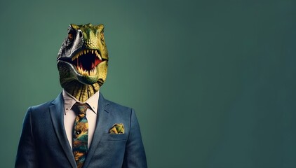 Creative animal concept. a dinosaur wearing a suit and tie on dark background, digital art,...