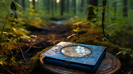 water splatterd on top of a compass in a forest, high quality details.