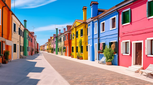 Beautiful Street with Colorful Buildings in Burano Island
