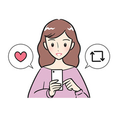 SNSを見て、いいねや拡散をする若い女性