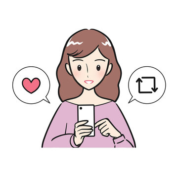 SNSを見て、いいねや拡散をする若い女性
