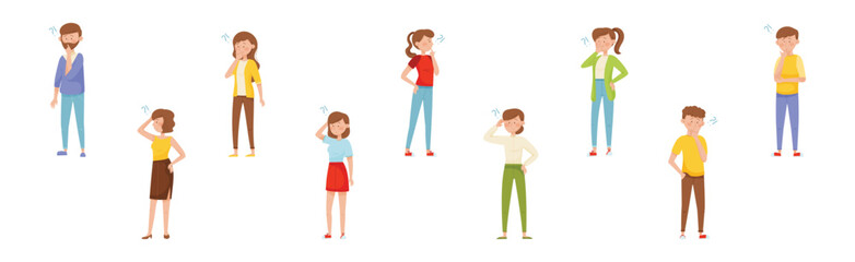 Young Man and Woman Thinking Standing with Puzzled Face and Question Mark Vector Set