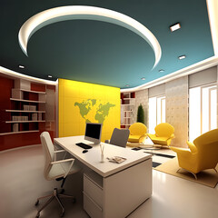 Modern office interior design with a map on yellow painted wall