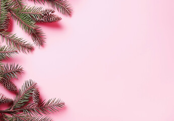 Pine branches  on  pastel pink background