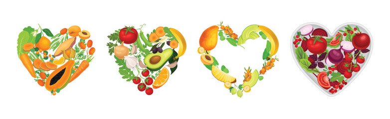 Hearts of Juicy and Bright Vegetables and Fruits Vector Set