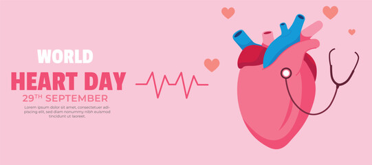 World Heart Day concept, heart with a stethoscope horizontal banner template design. 