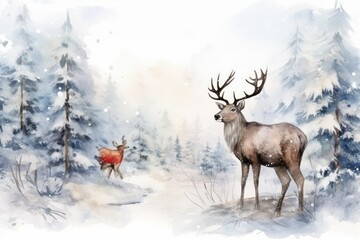 Watercolor Adorable woodland animals in the forest, boho, Deer, Kids room wallpaper design. Generative AI