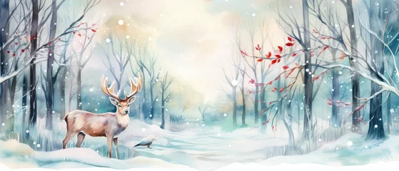Fototapete Boho-Tiere Watercolor Adorable woodland animals in the forest, boho, Deer, Kids room wallpaper design. Generative AI