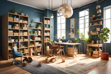 Children's study room at home. Modern spacious interior with desk, chair, bookshelves, chalkboard, and laminate flooring. - obrazy, fototapety, plakaty