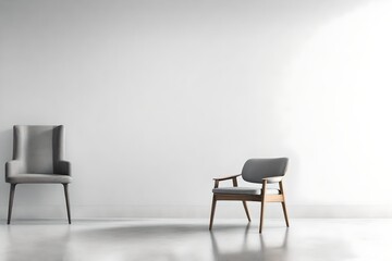 Gray chair in white concrete room. Concept of minimalism