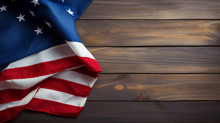 Veterans Day for American soldiers.  A flag on wooden table with copy spacing. Banner