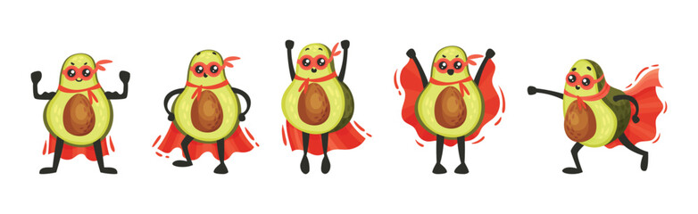 Funny Green Avocado Superhero Character Wearing Red Cloak or Cape and Mask Vector Set