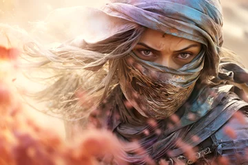 Gordijnen Veiled Shadows: Female Ninja Assassin Warrior Amidst a Sandstorm © dimensdesign