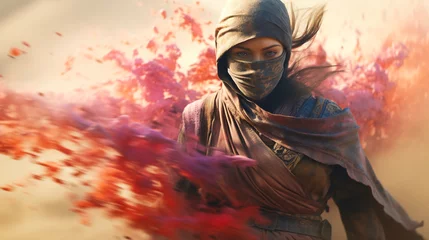 Fotobehang Veiled Shadows: Female Ninja Assassin Warrior Amidst a Sandstorm © dimensdesign