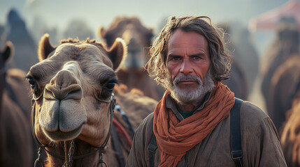 Thrilling anticipation of camel racing, featuring focused jockeys, equipped dromedaries at the starting line in a classic Middle Eastern desert track.