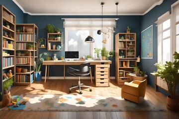 Children's study room at home. Modern spacious interior with desk, chair, bookshelves, chalkboard, and laminate flooring. - obrazy, fototapety, plakaty