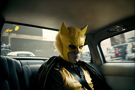 man in a taxi wearing very cat costume taken with a Fujifilm GA645 wide angle full body image 45mm lens F17 aperture hyper photorealism Photography film cinematic lighting 4000 DPI scan medium 