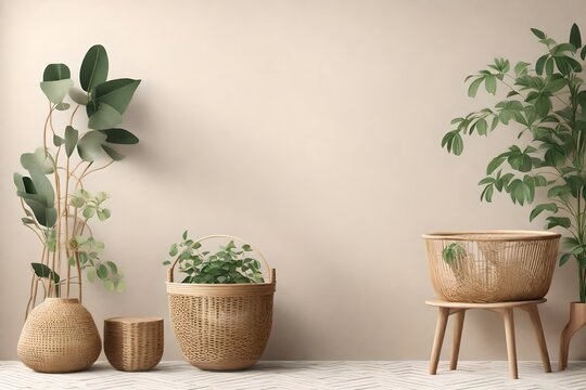 Mock up wall in home interior background, beige room with natural wooden furniture, green plant and rattan basket in Boho Scandinavian style, 3d render