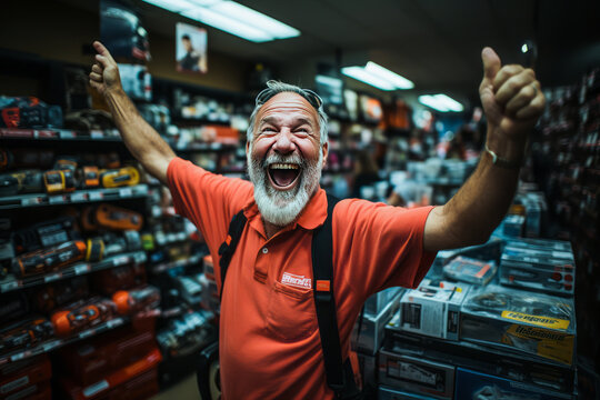 Thrilled man joyously discovering ultimate deals at a top-notch hardware store. Perfect capture for DIY, home improvement and woodworking themes.