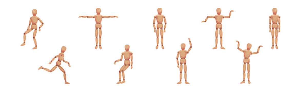 Wooden Dummy Toy and Man Statue Model with Joints Vector Set