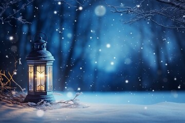 Winter landscape with festive lantern, twinkling lights, and text space. Banner for seasonal messages. Generative AI - obrazy, fototapety, plakaty