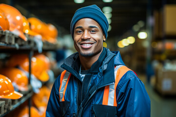 Empowering portrayal of a confident, focused young factory laborer in action. Highlights include vibrant machinery background, safety gear and epitome of blue-collar work ethic. - obrazy, fototapety, plakaty