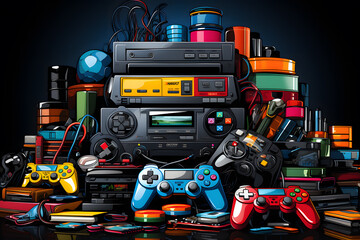 Different vintage retro gaming consoles with joysticks ai generated cartoon art.  - obrazy, fototapety, plakaty