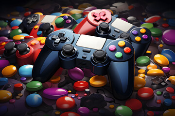 Video controllers on the table full of joysticks ai generated art.