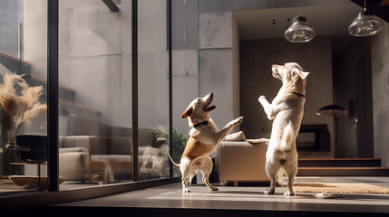 Two dogs play in a modern apartment.