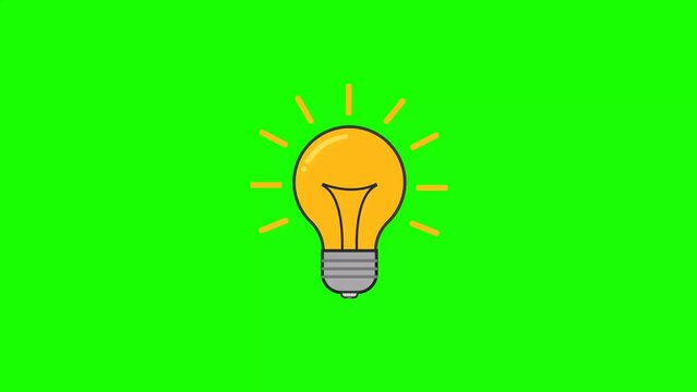Light bulb animation. Ray shine appear when electricity wire connected to the light bulb on green screen background. Creative thinking idea and problem solving concept.