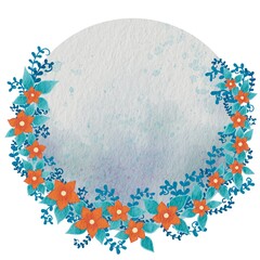 Abstract orange color flower with ivy leaves wreath banner illustration for decoration on romance and nature concept.