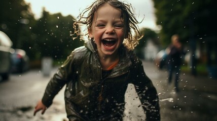 child playing in the rain - obrazy, fototapety, plakaty