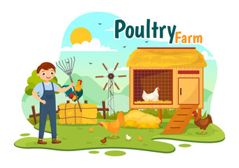 Poultry Farm Vector Illustration with Chickens, Roosters, Straw, Cage and Egg on Scenery of Green Field Background in Flat Cartoon Design