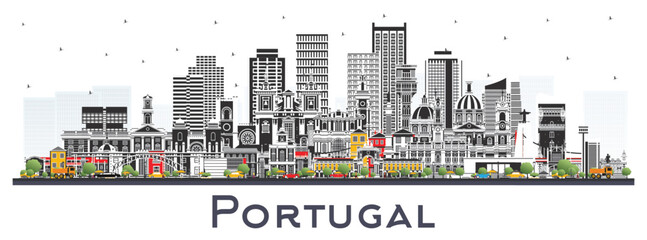 Portugal. City Skyline with Gray Buildings isolated on white. Portugal Cityscape with Landmarks. Porto and Lisbon.