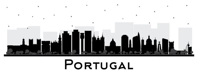 Portugal. City skyline silhouette with black buildings isolated on white. Portugal Cityscape with Landmarks. Porto and Lisbon.