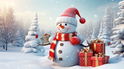 Fototapeta premium Happy snowman in winter scenery with a panoramic picture with copy space. Generative Ai.