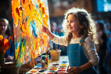 Enchanting scene of a curious child engaged in painting activity at school, embodying creativity,...