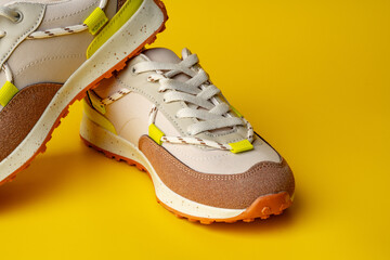 Beige sport running shoes on yellow studio background