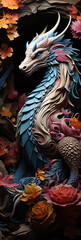 Fototapeta premium Japanese dragon, in the style of detailed multi-layered compositions, close-up, colorful bright bookmark. ai generative art