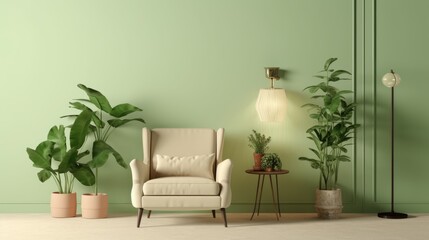Armchair against a pastel green wall with sconces and flowerpots. The concept of minimalism with plants.