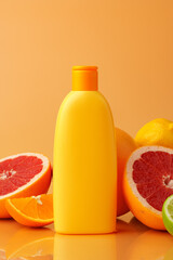 Cosmetic container on background of cut citrus fruit