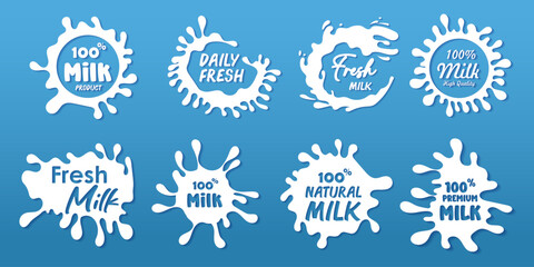 stickers that say splash of milk, natural milk, fresh milk, daily fresh , dairy products - obrazy, fototapety, plakaty