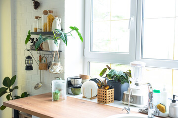 Light white modern rustic kitchen decorated with potted plants, loft-style kitchen utensils....