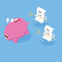 Piggy bank running away from Tax bills 3d vector illustration concept for banner, website, illustration, landing page, flyer, etc