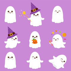 Collection of cute Halloween ghost characters. Vector illustration set