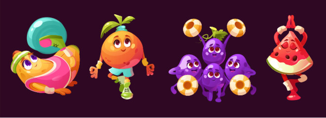 Fototapeta premium Fruits cartoon characters doing sport exercises and yoga. Vector illustration set of banana with fitness ball, orange and watermelon standing in asana with om hands, grapes cheerleaders dancing.