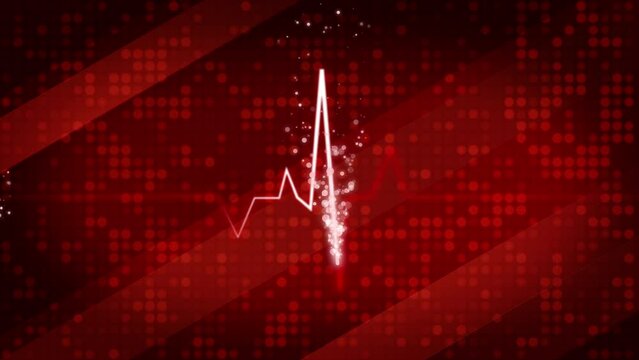 Red medical looping screensaver. Heart cardiogram line with animated small glowing particles. Pixel flashing background.