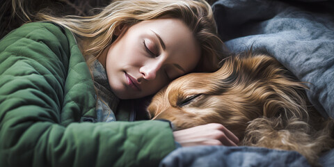 Touching depiction of a serene, blonde woman cherishing her sleep with a loyal dog in a landscape enriched by desaturated hues and cold filters.
