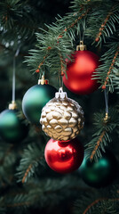 Obraz na płótnie Canvas Christmas balls on the Christmas tree. Vertical New Year background, greeting card.