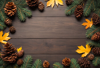 Encadrement de feuilles d'automne colorées avec des pommes de pin et des branches de sapin sur un fond en bois